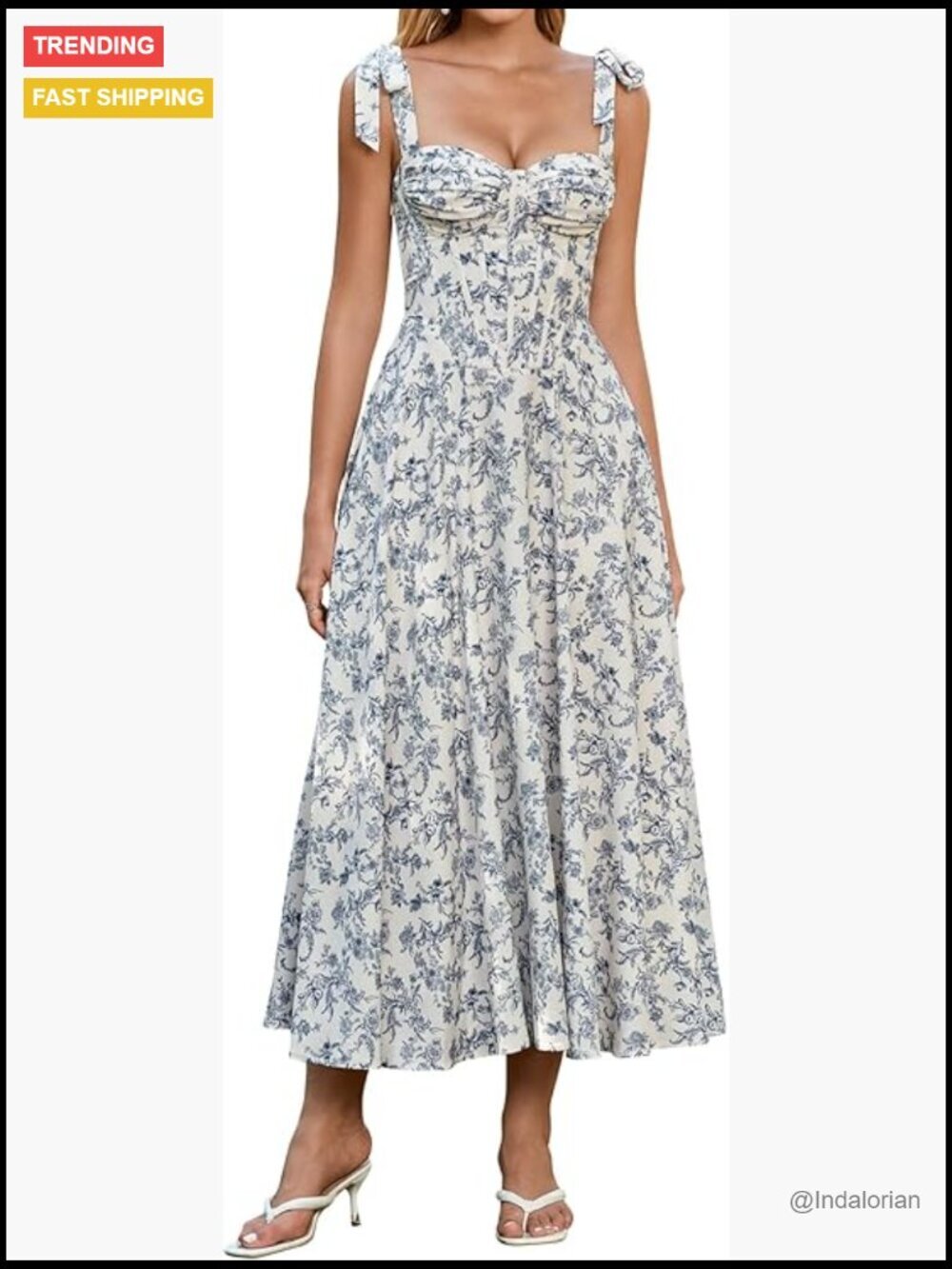 Corset Waist A-Line Midi Dress Sweetheart Neckline Bow Straps Wedding Guest
